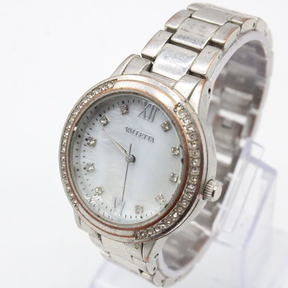VALLETTA Watch Womens Silver Tone Stainless Steel Classic White Rhinestones Dial - Picture 1 of 8